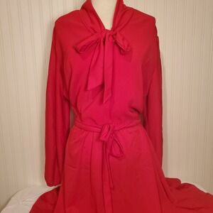 Vintage Red bow Pleated Midi Dress Long Sleeve Ribbed Bodice Belted